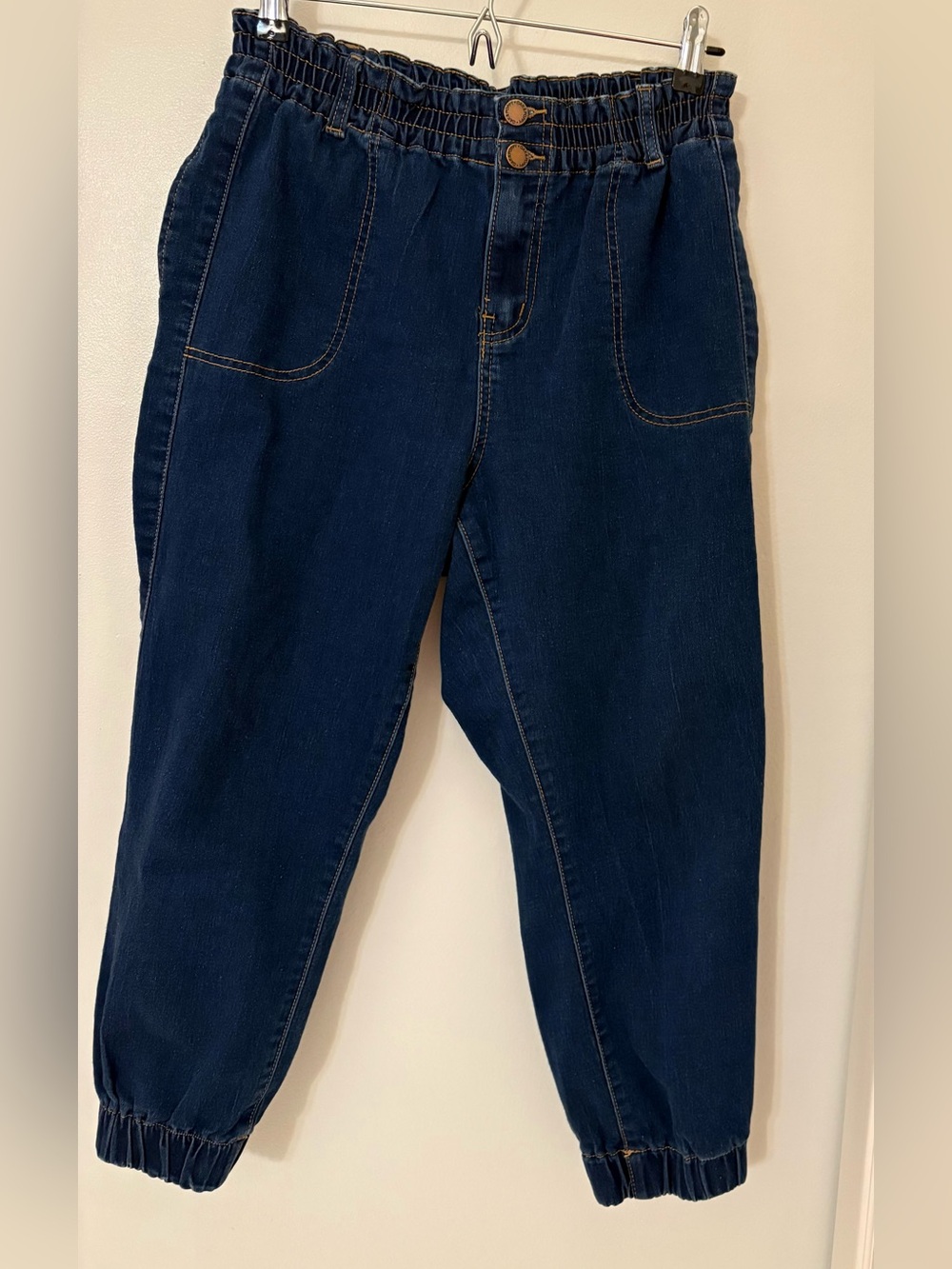 Oak & Poppy Elastic-Waist Front Zipper Elastic Ankle Blue Jeans Women Sz:14 Crop